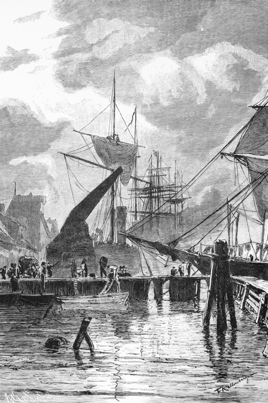 Harbour of Rostock, Baltic Sea, Mecklenburg-Western Pomerania, Germany, sailing ships, masts, crane, dolphins, workers, wagon, historical illustration 1880, Europe