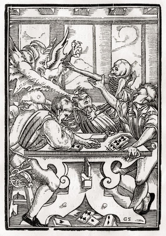 Der Tod und der Teufel kommen zum Kartenspieler Woodcut by Georg Scharffenberg after Hans Holbein the Younger From Der Todten Tanz, erschienen in Basel 1843, and the Devil come for the Card Player Woodcut by Georg Scharffenberg after Hans Holbein the Younger From Der Todten Tanz or The Dance of Death published Basel 1843, Historic, digitally restored reproduction from a 19th century original, Record date not stated