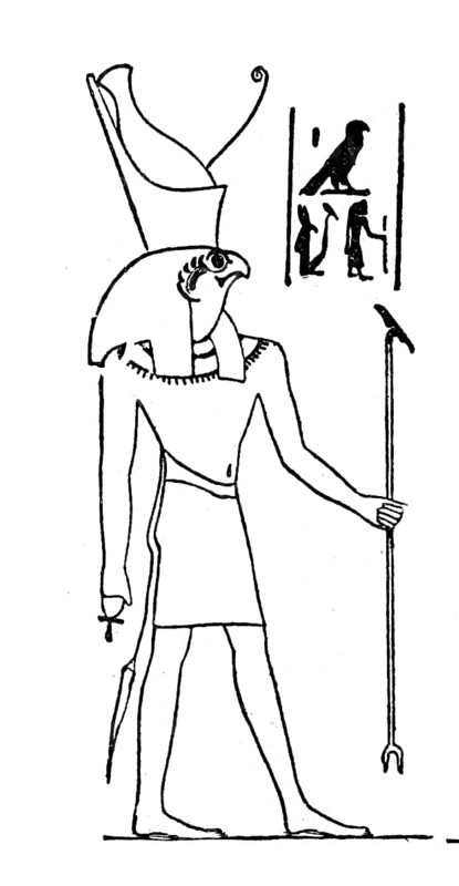 Horus, Horos, Hor, a major god in the early mythology of Ancient Egypt, god of the sky, the world, light and protector of children, depicted as a falcon, historical, digital reproduction of an original from the 19th century