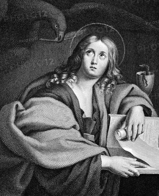 Portrait of St John the Evangelist, eagle, halo, papyrus scroll, chalice, looking upwards, New Testament, Bible, historical illustration 1854