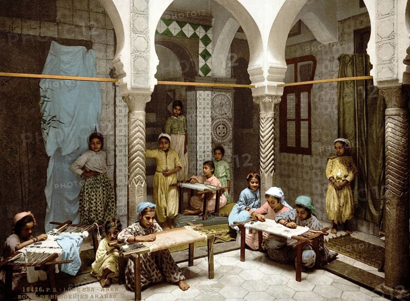 Luce Ben Aben, School of Arab Embroidery, Algiers, Algeria, ca 1890, Historical, digitally restored reproduction from a 19th century original, Record date not stated, Africa