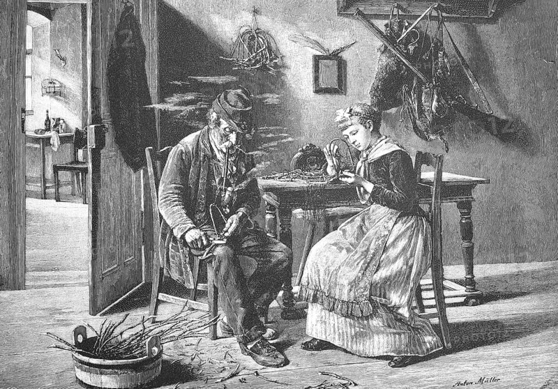 Hunter's home, the old hunter is at home and carves willow rods, at the table his daughter who makes things from them, Historical, digitally restored reproduction from a 19th century model, around 1890, Record date not stated