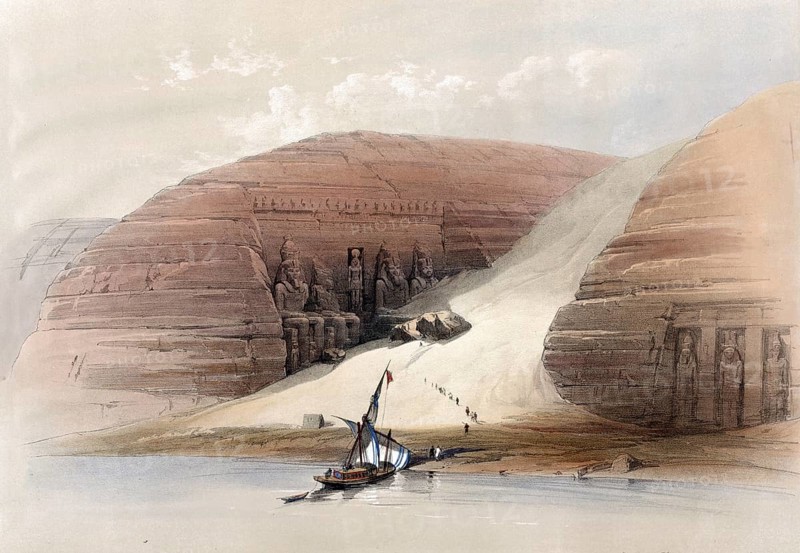 Excavated temple of Aboosimble, rock-cut temple of King (Pharaoh) Ramses II from the 19th dynasty of the ancient Egyptian New Kingdom, Egypt, around 1850, Historical, digitally restored reproduction from a 19th century original, exact date unknown, Africa