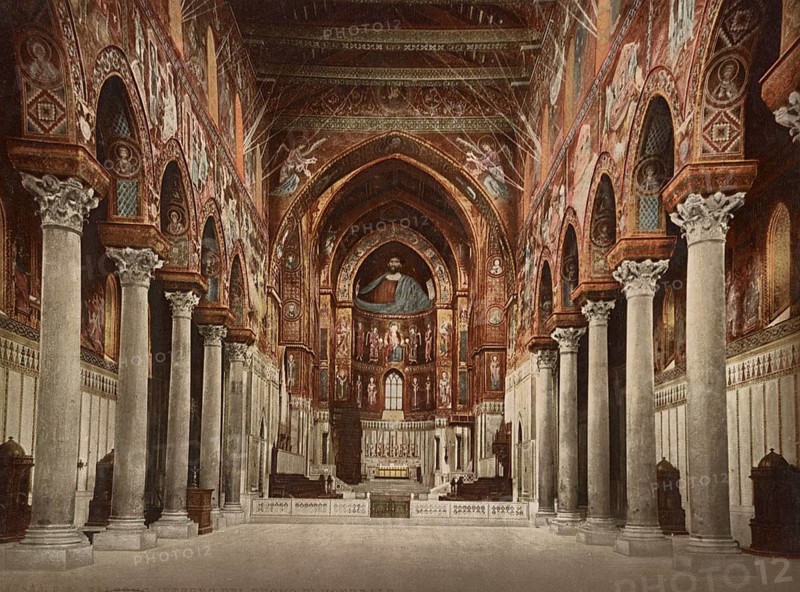 Interior view of the cathedral of Monreale, Palermo. Sicily, Italy, 1890, Historical, digitally restored reproduction from a 19th century original, Record date not stated, Europe