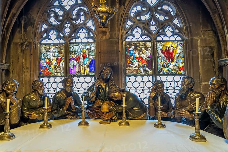 Jesus and disciples at the Last Supper, interior of Freiburg Minster, Freiburg im Breisgau, Black Forest, Baden-Württemberg, Germany, Europe