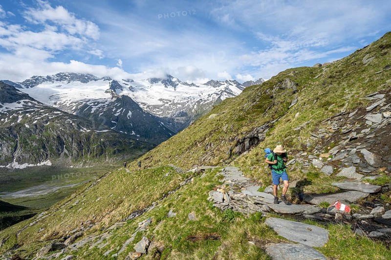 Mountaineer on hiking trail in picturesque mountain landscape, mountain peak with snow and glacier Hornkees and Waxeggkees, summit Hornspitzen and Großer Möseler, Berliner Höhenweg, Zillertal Alps, Tyrol, Austria, Europe