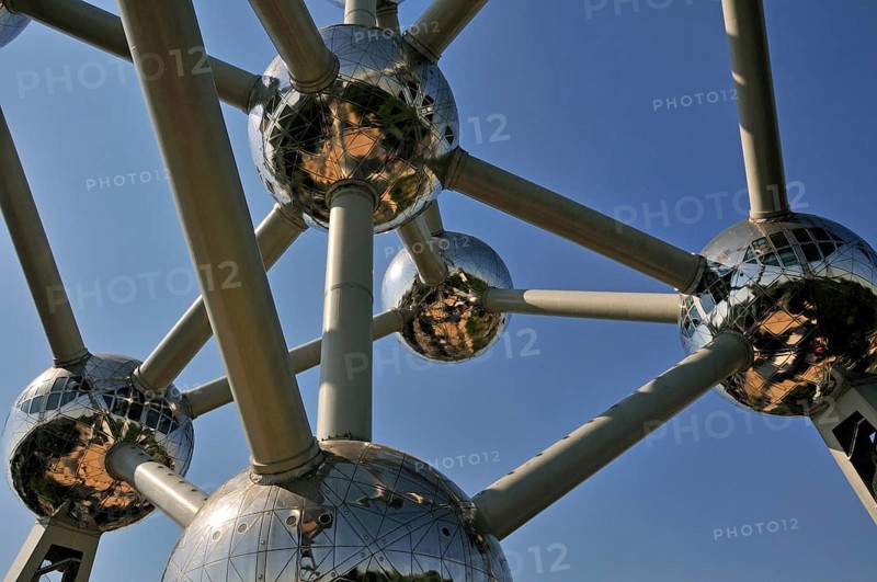 Atomium, built in 1958 for the World Exhibition, uses nine atoms to represent the body-centred cubic elementary cell of an iron crystal structure magnified 165 billion times, Brussels, Belgium, Europe