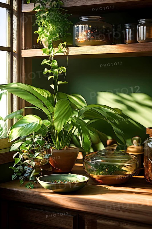A sunlit kitchen corner, with a rustic wooden shelf holding neatly arranged ceramic bowls and a single, vibrant green houseplant, AI generated