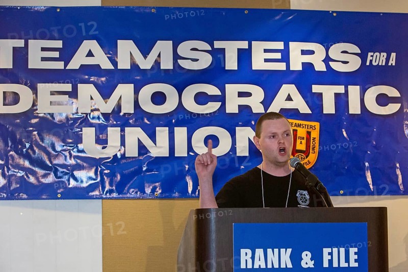 Chicago, Illinois, Amazon worker Zach Neely speaks at the convention of Teamsters for a Democratic Union (TDU) . Neely works at Amazon's big air cargo facility (KCVG) in northern Kentucky. The Teamsters Union is heavily involved in helping Amazon workers unionize