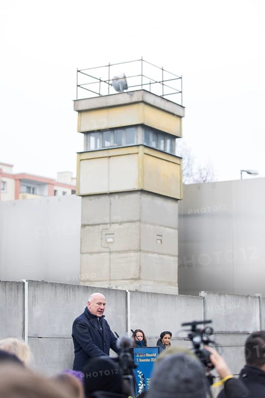 Kai Wegner (Governing Mayor of Berlin) gives a speech at the central commemorative event at the Berlin Wall Memorial to mark the 35th anniversary of the fall of the Wall in Berlin, 9 November 2024