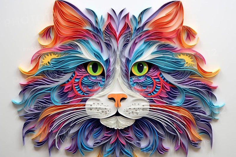 Imaginary cat in fantasy multicolored paper style, AI Generated
