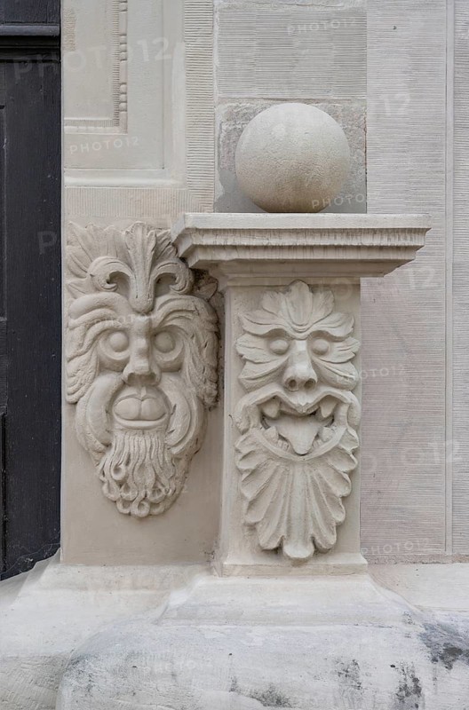 Two grotesques on the crown stone of the entrance portal of the Knaufmuseum, Iphofen, Lower Franconia, Bavaria, Germany, Europe