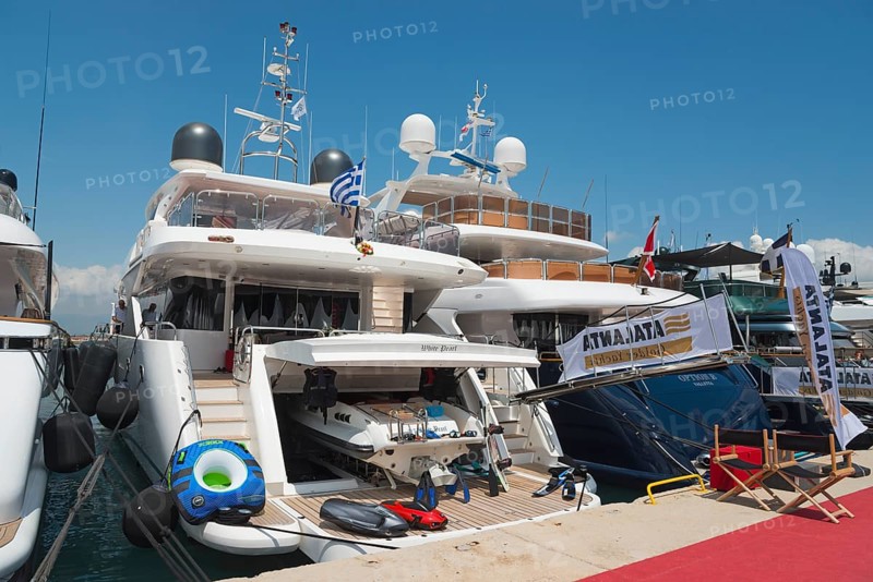 Yachts in the harbour with maritime equipment, sunny weather and blue sky, Mediterranean yacht show, harbour, Nafplio, Nauplia, Nauplion, Nafplion, Argolis, Argolic Gulf, Peloponnese, Greece, Europe