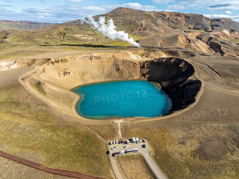 Aerial view of blue lake in the Viti volcano crater, at Krafla power plant, Myvatn region, Iceland, Europe