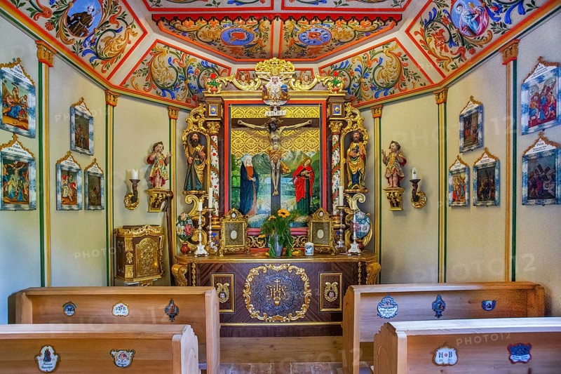 Interior with altar in the court chapel of the Markus Wasmeier Farm Museum, Schliersee, Mangfall mountains, Upper Bavaria, Bavaria, Germany, Europe
