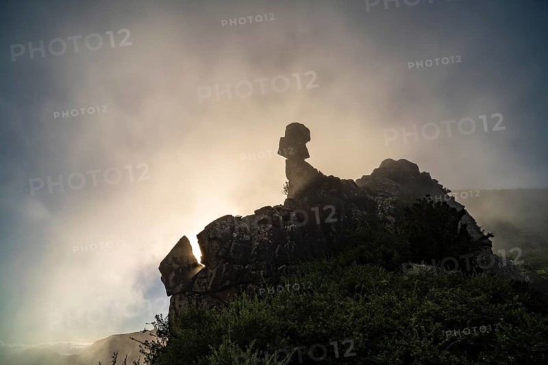 The volcanic rocks of Los Roques in the fog, La Gomera Island, Canary Islands, Spain, Europe