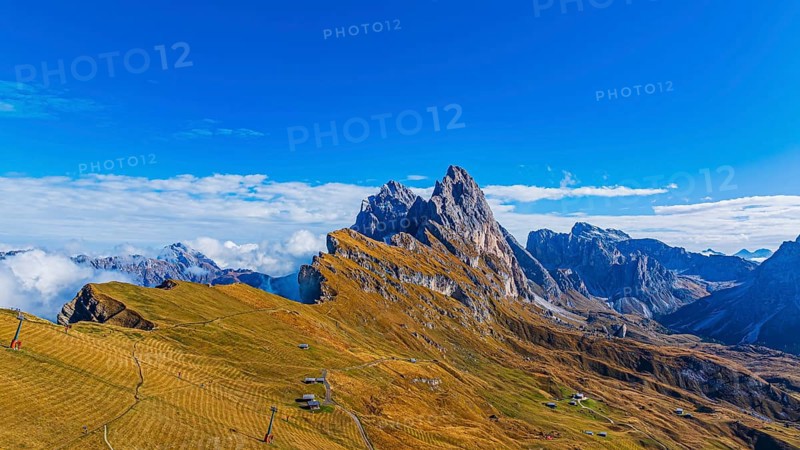 The Sas Rigais and Furchetta peaks of the Odle Group, drone shot, Val Gardena, Dolomites, Autonomous Province of Bolzano, South Tyrol, Italy, Europe