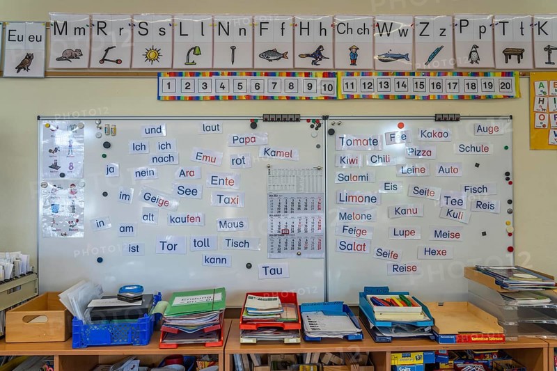 Classroom of a fourth grade, after school, the building is older but in good condition, language learning, grammar, words, language, vocabulary