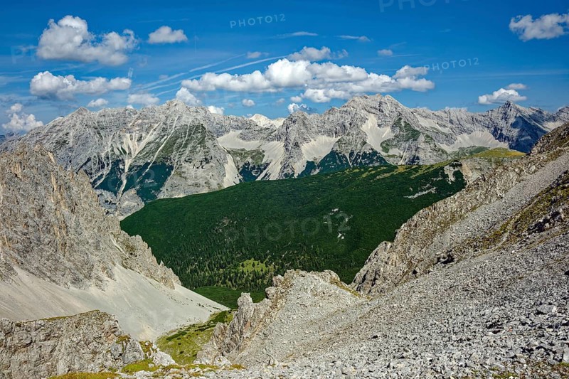 At the Hafelekar, view from the Karwendelblick of the Innsbruck Nordkette to the Karwendel mountains of the Alps, Alpine landscape, Innsbruck, Tyrol, Austria, Europe