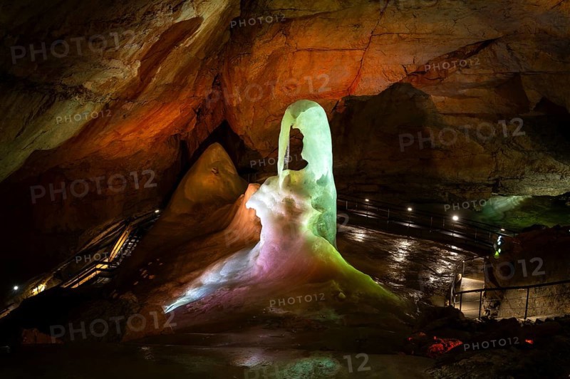 The illuminated Giant Ice Cave, a cave in the Dachstein massif. Obertraun, Salzkammergut, Upper Austria, Austria, Europe