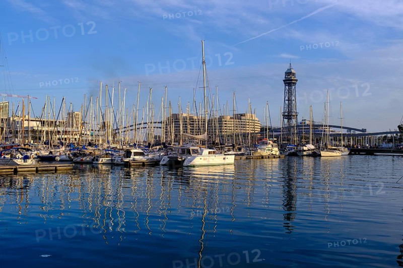At the harbour, with Telefèric del Port, cable car tower, Barcelona, Catalonia, Spain, Europe