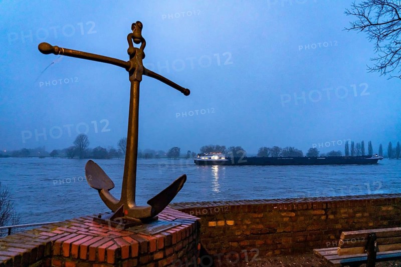 High water on the Rhine at Düsseldorf-Kaiserswerth, foggy weather, riverside paths and Rhine meadows are partly flooded, the Rhine ferry has stopped operating, initial restrictions on shipping apply, Düsseldorf, North Rhine-Westphalia, Germany, Europe