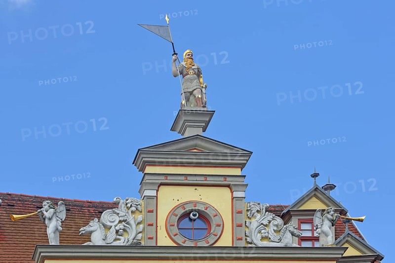 Roof figure of the guildhall, decorations, sculptures, man, lance, warrior, knight, lansquenet, historical, Middle Ages, figures, coat of arms, window, roof, angel, trumpet, sound, blow, floral, detail, fish market, Erfurt, Thuringia, Germany, Europe