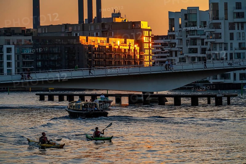 Residential buildings, apartment buildings, condominiums, at the harbour, Havneholmen and Nobelholmen (left), at the Sydhavnen district, in the evening light, Copenhagen, Denmark, Europe