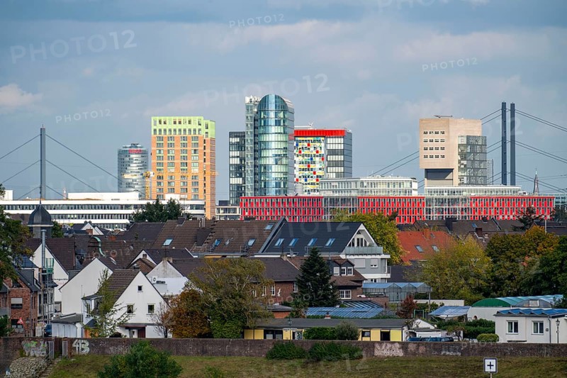The skyline of Düsseldorf, with the skyscrapers in the Media Harbour, Rhine bridges, in front residential buildings on the Rhine in the Hamm district, Düsseldorf, North Rhine-Westphalia, Germany, Europe