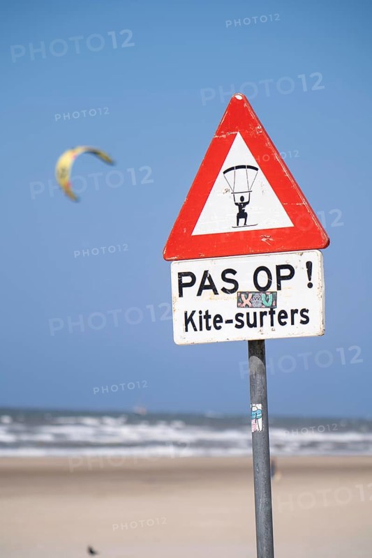 Signpost for kitesurfers, on the beach of Scheveningen, The Hague, Netherlands