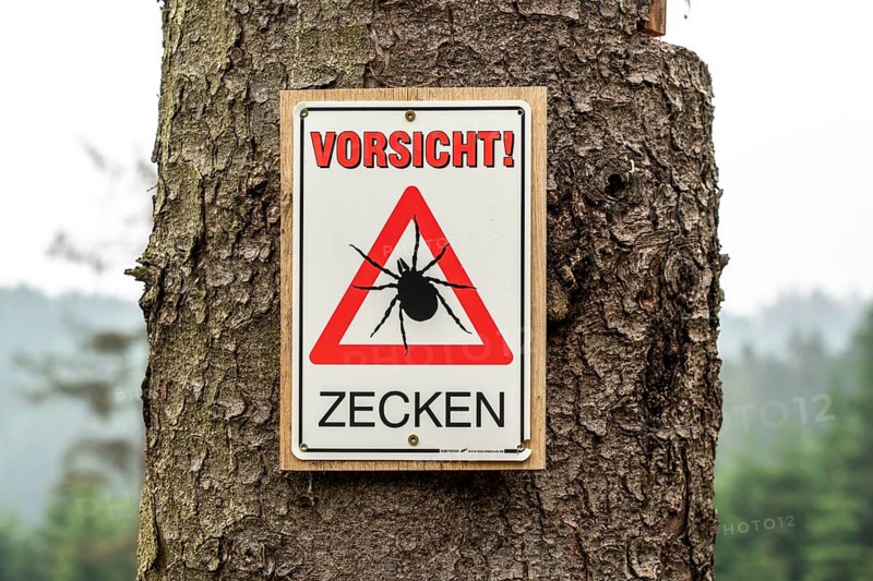 Warning sign for ticks, in the Arnsberg Forest, near Hirschberg, Sauerland, North Rhine-Westphalia, Germany, Europe