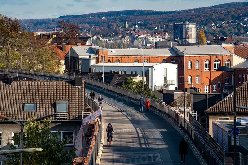 The Nordbahntrasse, a cycle path, footpath, on a former 22 KM long railway line, along the west-east axis of Wuppertal, on the northern slope, with many tunnels, viaducts and views of the city, Kuhler Viaduct, Wuppertal, North Rhine-Westphalia, Germany, Europe