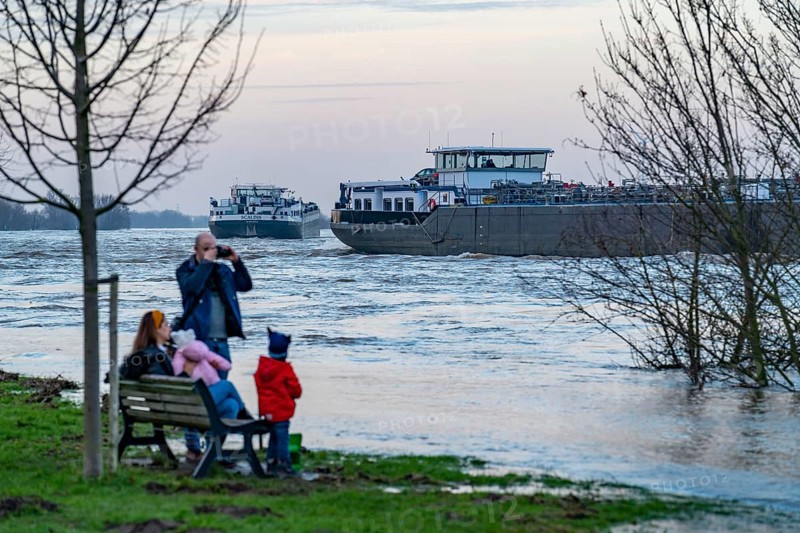 Flood on the Rhine, flooded banks of the Rhine, old ferry landing stage, Rhine meadows, near Xanten, Bislicher Insel, Lower Rhine, North Rhine-Westphalia, Germany, Europe