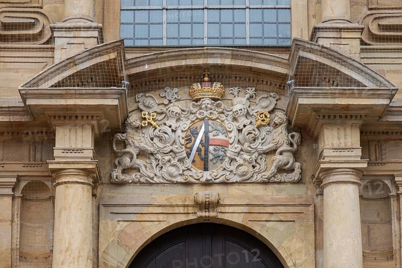 Coat of arms above the entrance portal of St Martin's Church, Bamberg, Upper Franconia, Bavaria, Germany, Europe