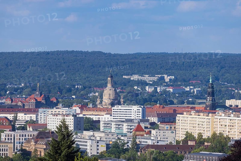 Cityscape Dresden with buildings and famous sights Church of Our Lady and Kreuzkirche with view to the heath, distant view of Dresden seen from the west, Dresden, Saxony, Germany, Europe