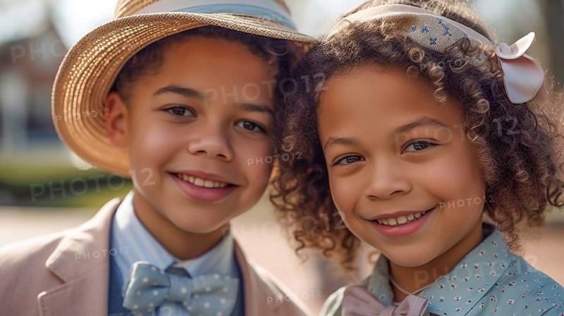 Portrait of a beautiful mulatto brother and sister dressed in their sunday best, generative AI, AI generated