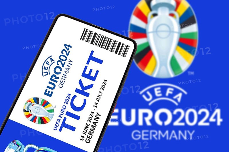 Ticket for UEFA euro 2024 Germany European Football Championship European Championship logo on a mobile phone symbol image photo montage in Germany