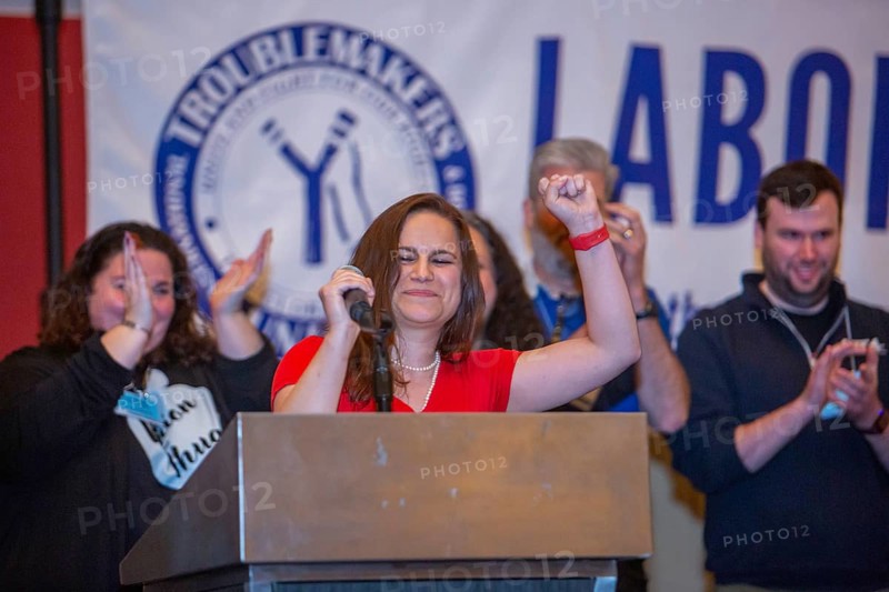 Chicago, Illinois, Members of the Massachusetts Teachers Association celebrate the Troublemaker Award they received at the 2024 Labor Notes conference. In the last few years, Massachusetts teachers engaged in a series of illegal strikes, in which they won raises for low-paid workers, more social workers, and paid family and medical leave. The conference brought together 4, 700 union activists from across the United States and beyond