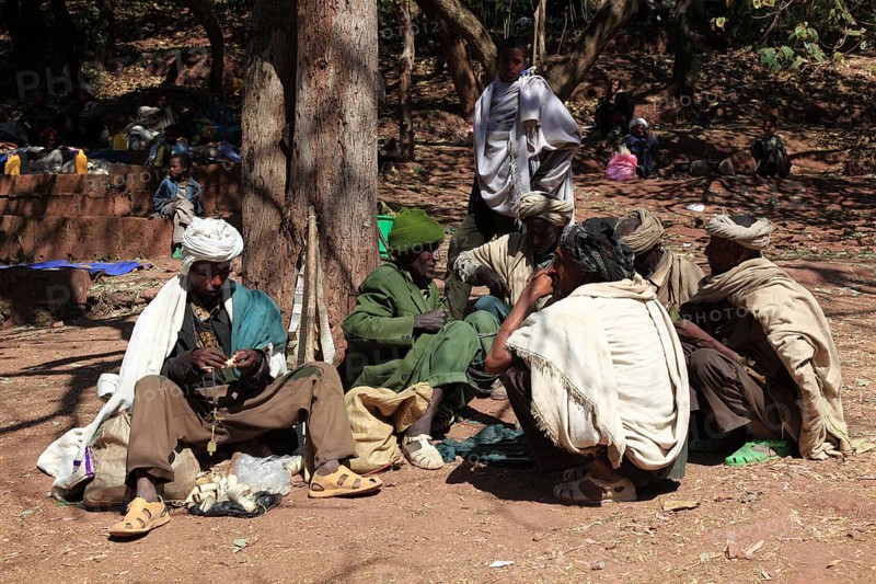 Lalibela, pilgrims in front of the area of the rock-hewn churches, Ethiopia, Africa