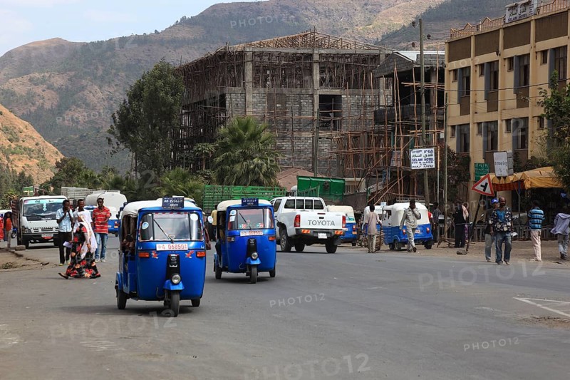 In a village in the highlands between Mekele and Lalibela, road traffic, street scene, Ethiopia, Africa