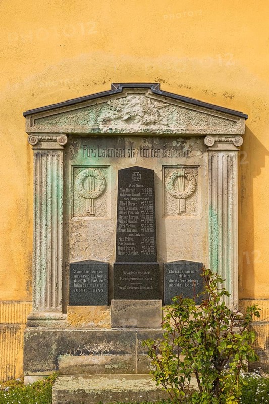 The Protestant village church of Sora is a baroque, neo-baroque renovated hall church in the Sora district of Klipphausen in the district of Meißen in Saxony. War memorial for the village's fallen soldiers from both world wars, Sora, Saxony, Germany, Europe
