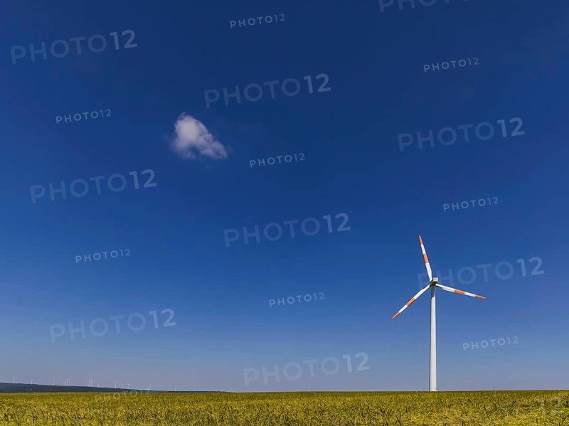 Wind turbine in an open field, a small cloud clouds the blue sky. Swabian Alb, Geislingen an der Steige, Baden-Württemberg, Germany, Europe