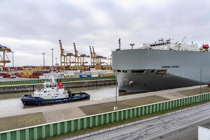 North lock in the overseas port of Bremerhaven, the vehicle transporter Durban Highway, under the flag of Panama, can load around 600 cars, discharges from the harbour, from the Bremerhaven car terminal, loaded with new cars, then heads for the Suez Canal, Eurogate Container Terminal, Bremen, Germany, Europe