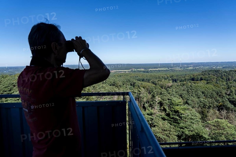 Fire watch tower on the Rennberg, near Flaesheim, Haltern am See, in the Haard forest area, one of 3 fire watch towers in the region, manned from April to October in dry weather conditions, part of the fire monitoring system, North Rhine-Westphalia, Germany, Europe
