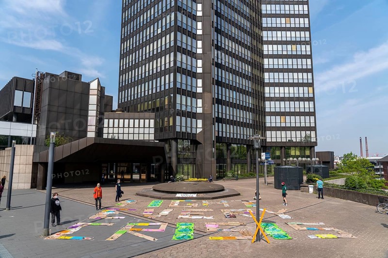Friday For Future activists with the action, Your sign strikes for you, collected protest signs are laid out by some FFF members in front of the town hall in Essen, they were collected beforehand, part of the net strike action, effects of the corona crisis in Essen, Germany, Europe