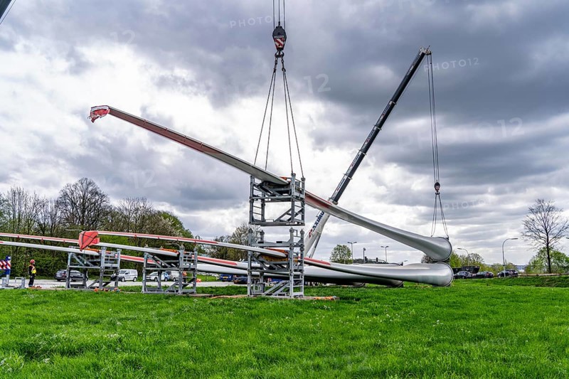Preparation for the transport of a 68 metre long blade, a wind turbine, with a self-propelled Blade-Lifter vehicle, over a 40 km long route in the Bergisches Land, through towns, villages, over country roads, narrow through roads, to the construction site of the wind turbine near Hagen, North Rhine-Westphalia, Germany, Europe