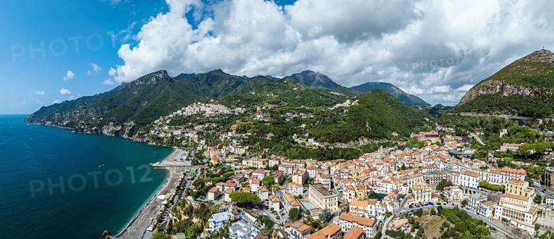 Panorama of Vietri sul Mare from a drone, Amalfi Coast, Salerno, Campania, Italy, Europe