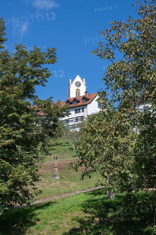 View of the historic upper town of Aach in Hegau with the Catholic parish church of St. Nicholas, district of Constance, Baden-Württemberg, Germany, Europe