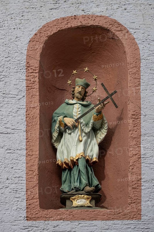 Figure of St Nepomuk in a niche in a residential building, Rottweil, Baden-Württemberg, Germany, Europe