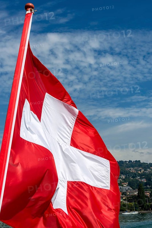 Swiss flag, flag, national flag, wind, red, white, Alps, account, money, bank, system, waving, waving, in Montreux on Lake Geneva, Vaud, Switzerland, Europe